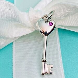 Tiffany & Co Heart Key pink sapphire  charm 925 silver w/box